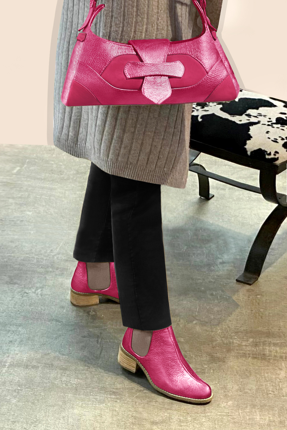 Fuschia pink women's dress handbag, matching pumps and belts. Worn view - Florence KOOIJMAN